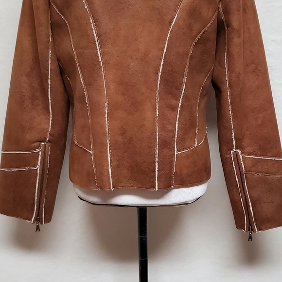 VINTAGE 90s Toffee Faux Suede Faux Fur Zip-Sleeve Full-zip Fleece Lined Jacket - Picture 12 of 13